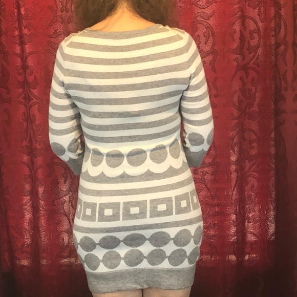 Boden gray and white cotton/cashmere blend dress with stripes/geometric shapes - Picture 2 of 14